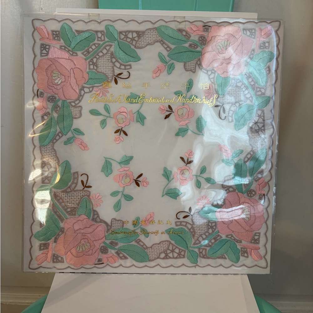 New Peach & Mint Floral Hand Embroidery Real Silk Chinoiserie Handkerchief
